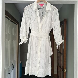 Lilly Pulitzer White Floral Collar Button Down 3/4 Sleeve Mini Shirtdress Sz 8
